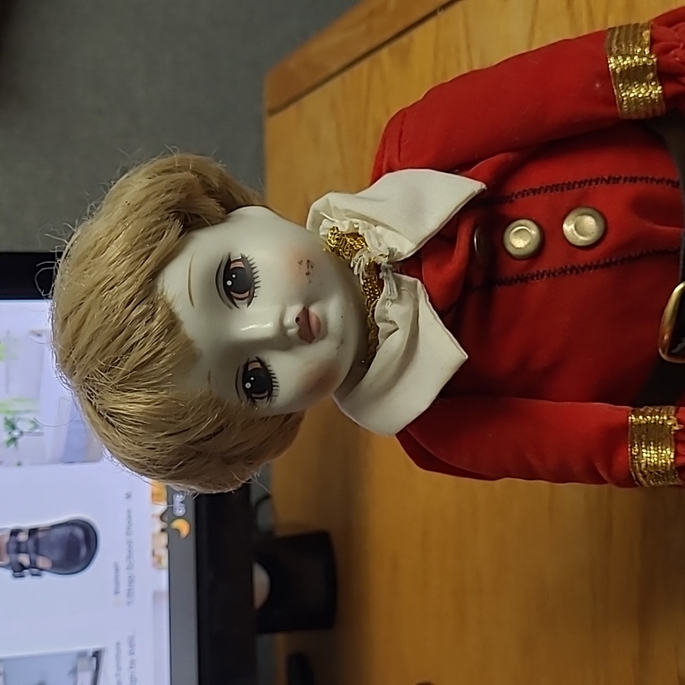 Creepy Enesco Vintage Sitting Musical Doll Red Suit Black Boots